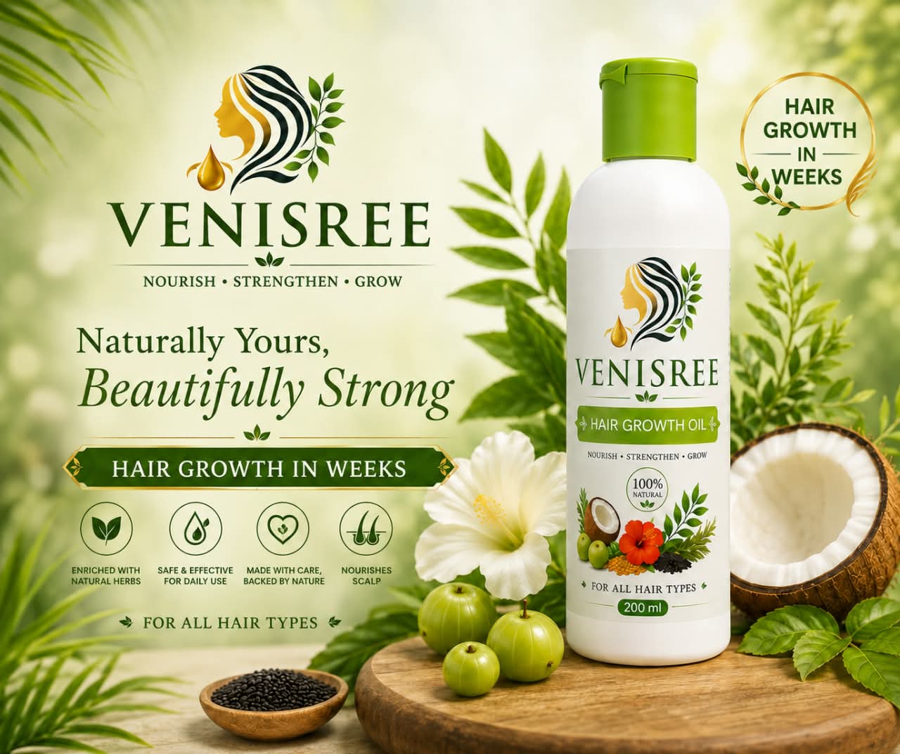 Venisree® oil surrounded by hibiscus, amla, coconut and black seed